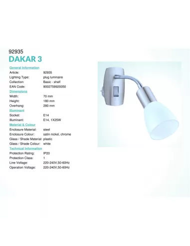 Eglo 92935 Dakar 3 enchufe flex 1L